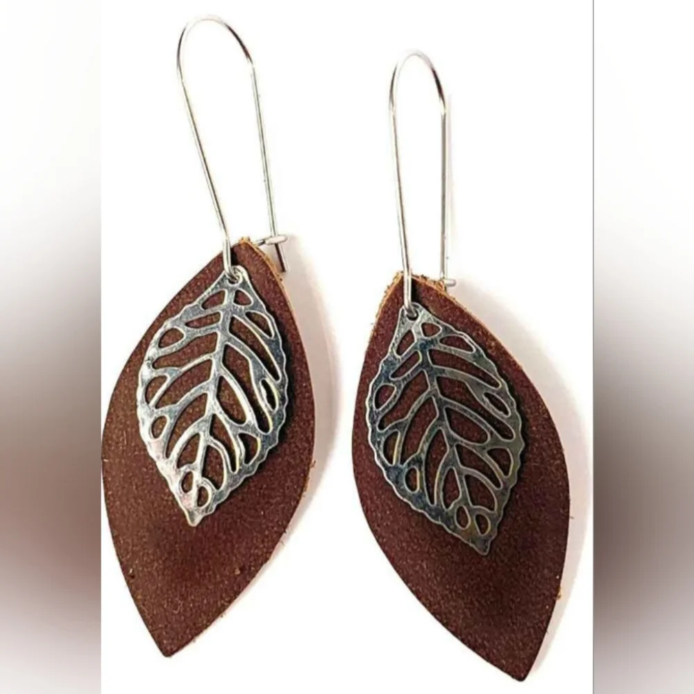 Leather Leaf Earrings Rustic Brown Leather Petal with Stainless steel Leaf Charm - Picture 2 of 6